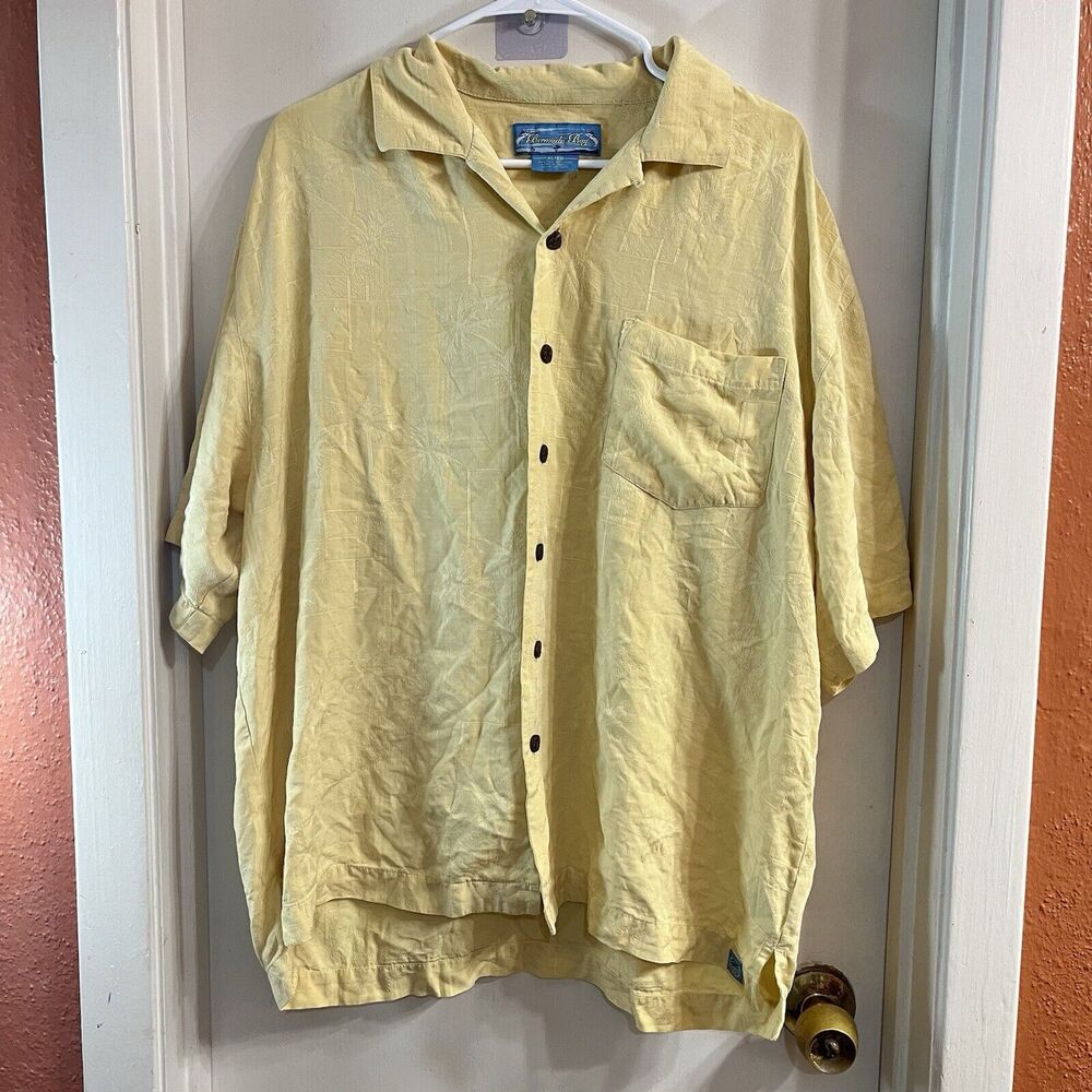 Bermuda Bay XL Shirt Silk Hawaiian Camp Short Sleeve Beige Mens Button Down